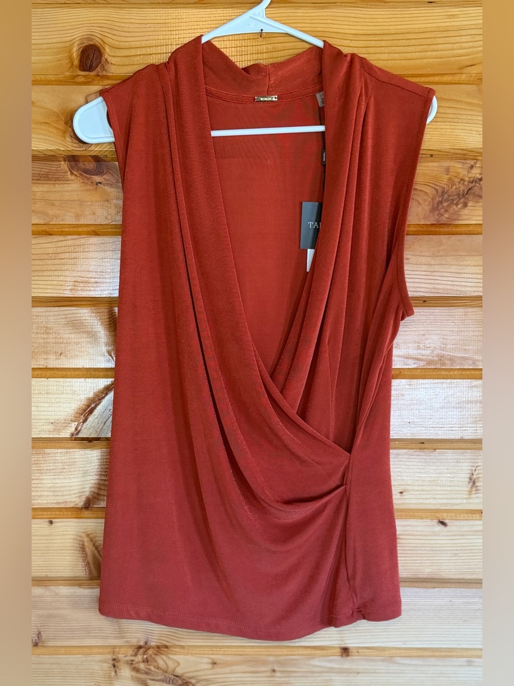 Tahari Rust Red Sleeveless Draped V-Neck Blouse